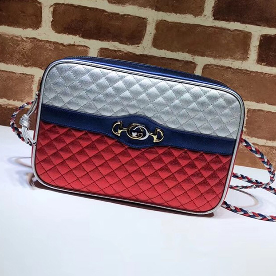 Gucci Laminated Leather Small Shoulder Bag Silver and Red 541061