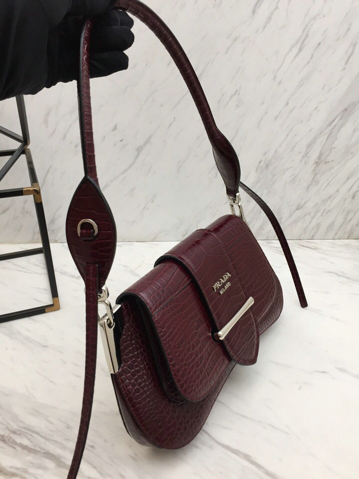 Prada Sidonie Croco Shoulder Bag Burgundy 1BD168