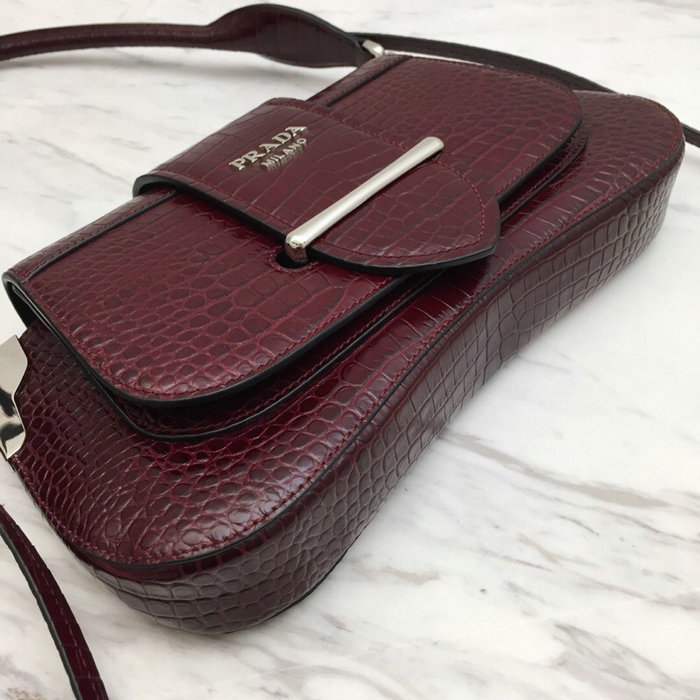 Prada Sidonie Croco Shoulder Bag Burgundy 1BD168