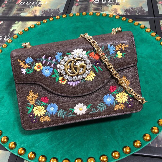 Gucci Embroidered Small Shoulder Bag Brown 499617