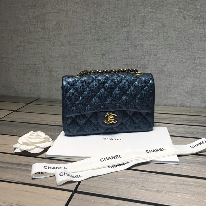 Classic Chanel Caviar Leather Small Flap Bag Blue with Gold Hardware CF1116