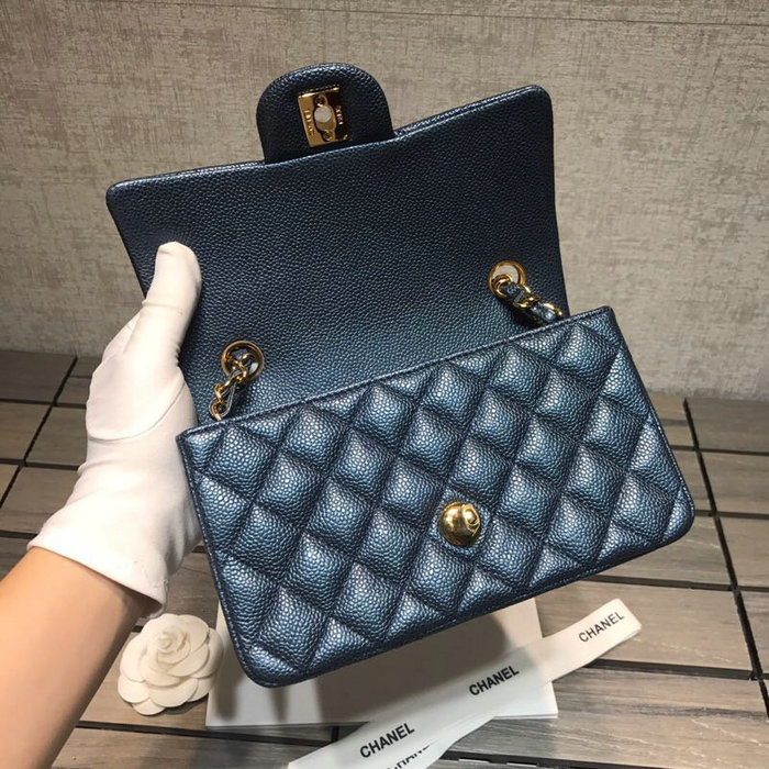 Classic Chanel Caviar Leather Small Flap Bag Blue with Gold Hardware CF1116