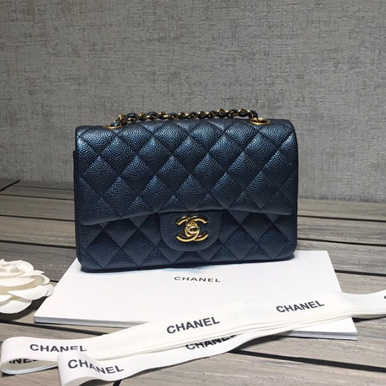 Classic Chanel Caviar Leather Small Flap Bag Blue with Gold Hardware CF1116