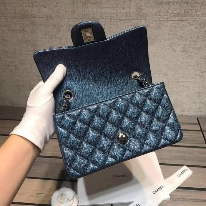 Classic Chanel Caviar Leather Small Flap Bag Blue with Silver Hardware CF1116