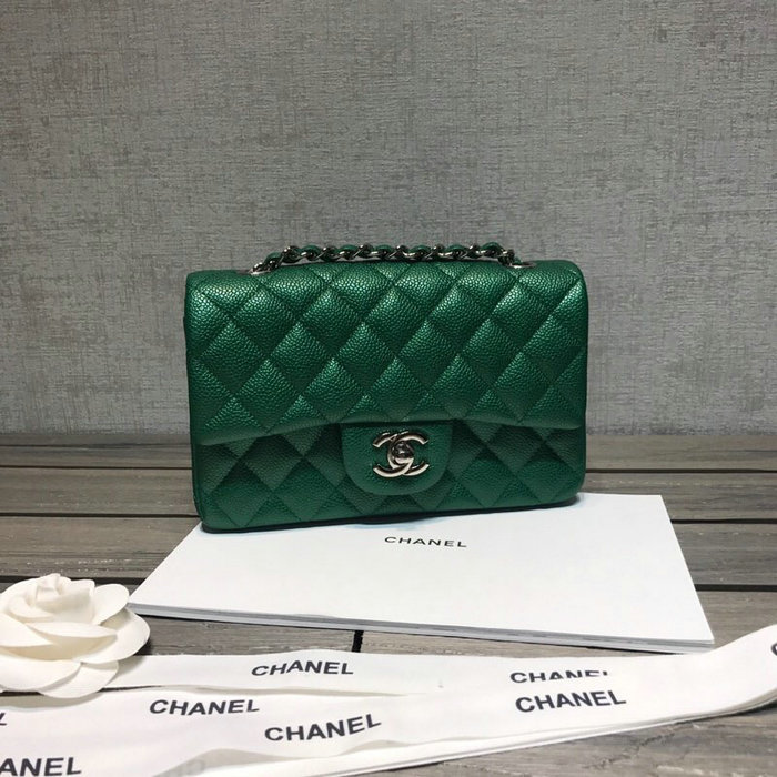 Classic Chanel Caviar Leather Small Flap Bag Green with Silver Hardware CF1116