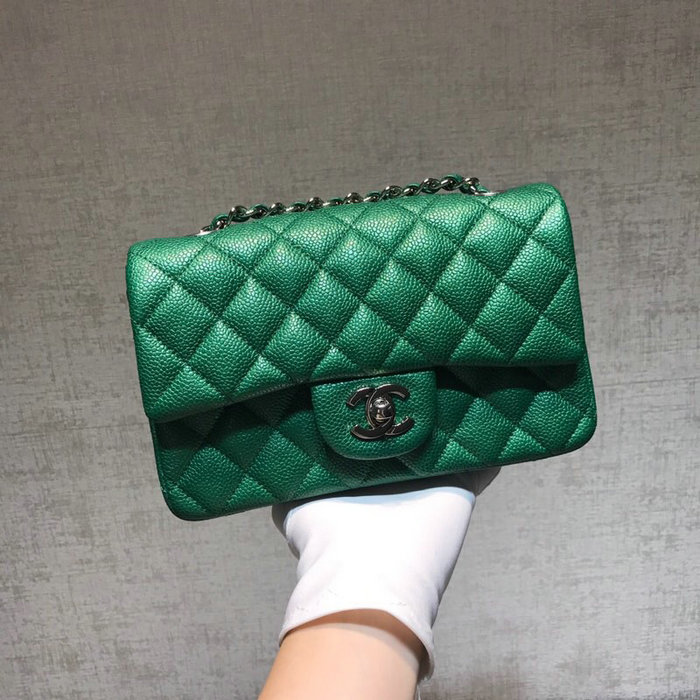 Classic Chanel Caviar Leather Small Flap Bag Green with Silver Hardware CF1116