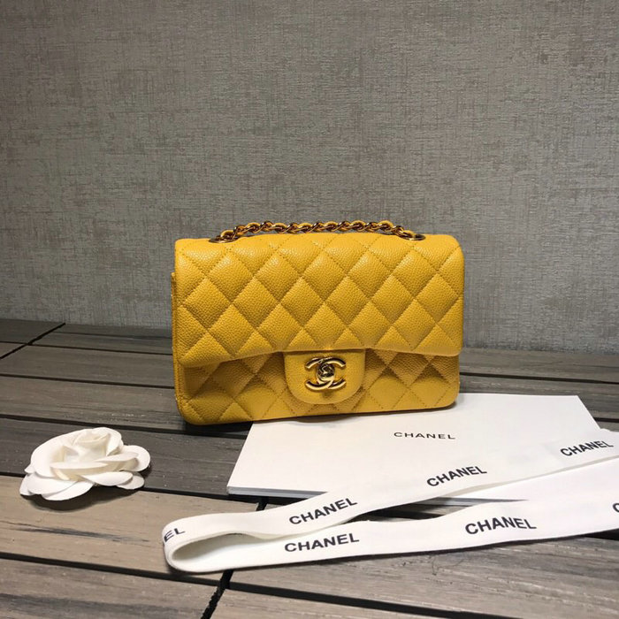 Classic Chanel Caviar Leather Small Flap Bag Yellow with Gold Hardware CF1116