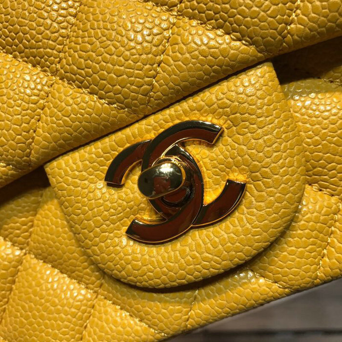 Classic Chanel Caviar Leather Small Flap Bag Yellow with Gold Hardware CF1116