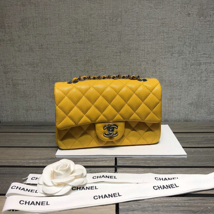 Classic Chanel Caviar Leather Small Flap Bag Yellow with Silver Hardware CF1116