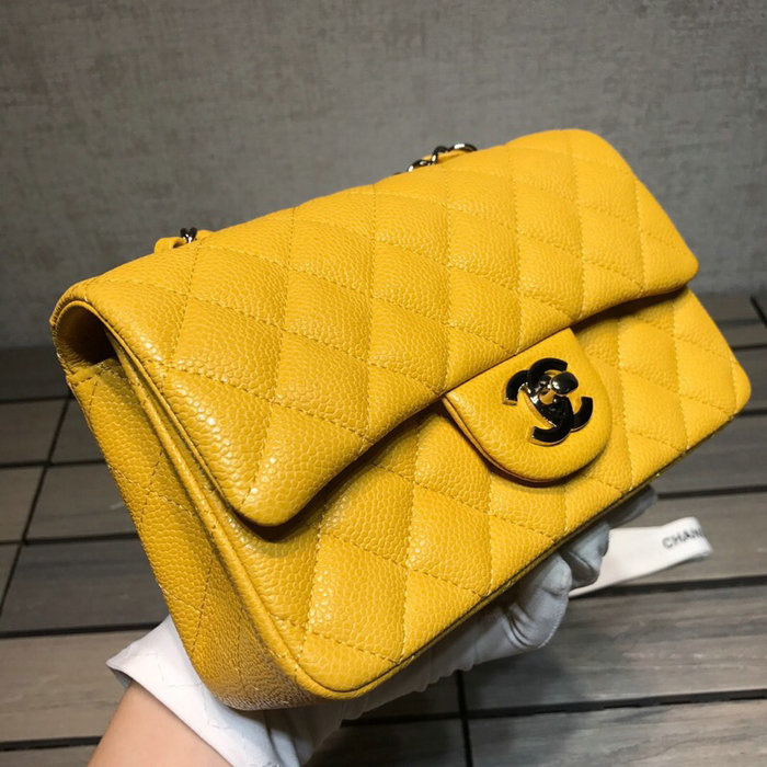 Classic Chanel Caviar Leather Small Flap Bag Yellow with Silver Hardware CF1116