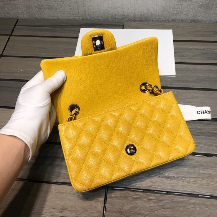 Classic Chanel Caviar Leather Small Flap Bag Yellow with Silver Hardware CF1116