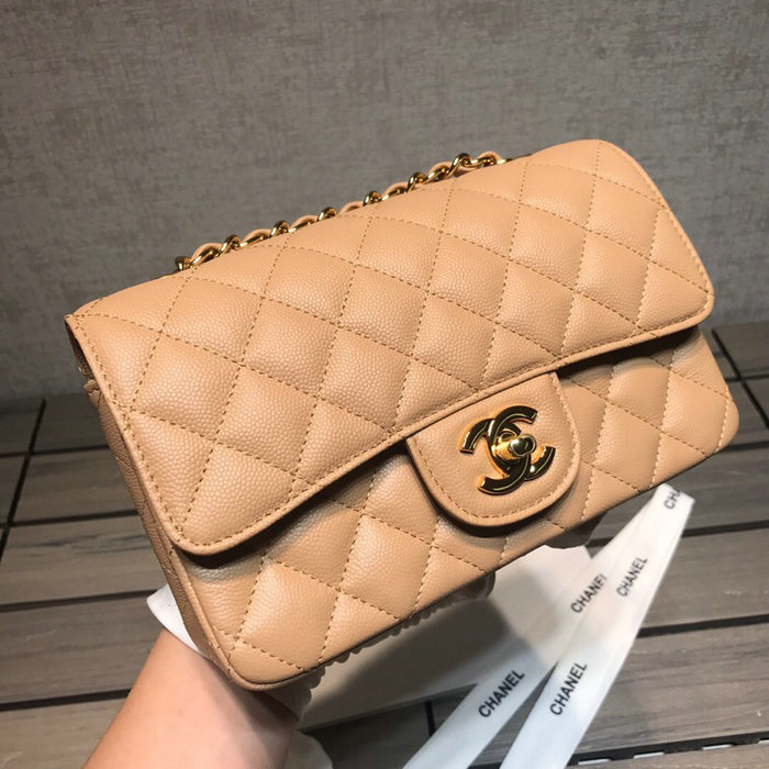 Classic Chanel Grained Calfskin Small Flap Bag Beige with Gold Hardware CF1116