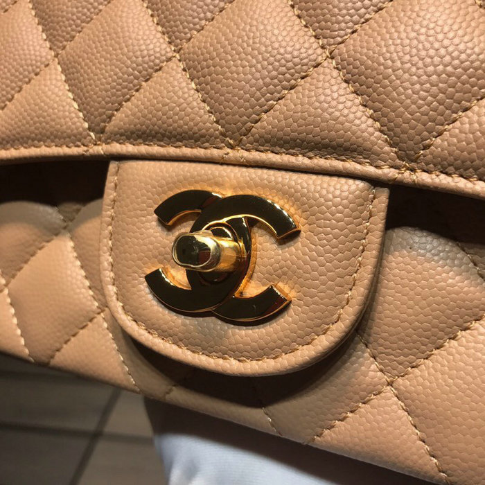 Classic Chanel Grained Calfskin Small Flap Bag Beige with Gold Hardware CF1116