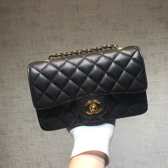 Classic Chanel Grained Calfskin Small Flap Bag Black with Gold Hardware CF1116