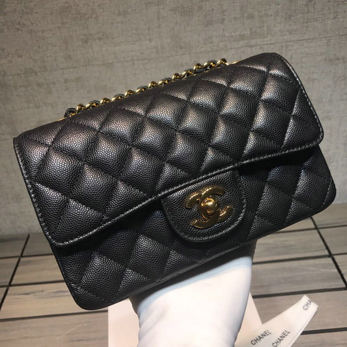 Classic Chanel Grained Calfskin Small Flap Bag Black with Gold Hardware CF1116