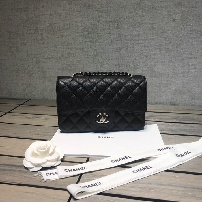 Classic Chanel Grained Calfskin Small Flap Bag Black with Silver Hardware CF1116