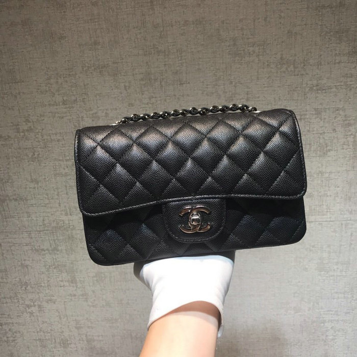 Classic Chanel Grained Calfskin Small Flap Bag Black with Silver Hardware CF1116