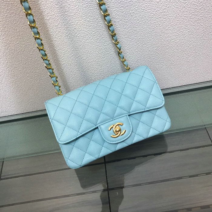 Classic Chanel Grained Calfskin Small Flap Bag Blue with Gold Hardware CF1116