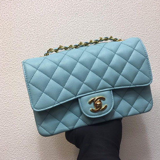 Classic Chanel Grained Calfskin Small Flap Bag Blue with Gold Hardware CF1116