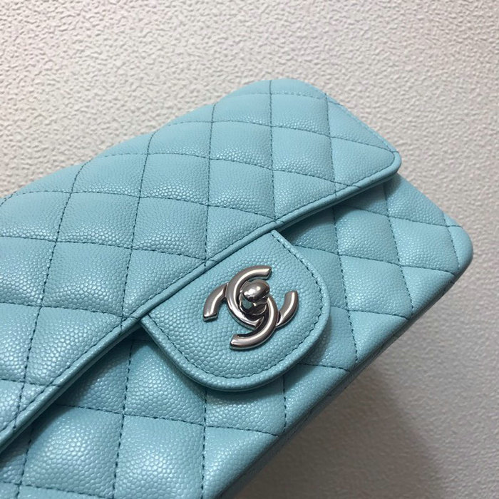 Classic Chanel Grained Calfskin Small Flap Bag Blue with Silver Hardware CF1116