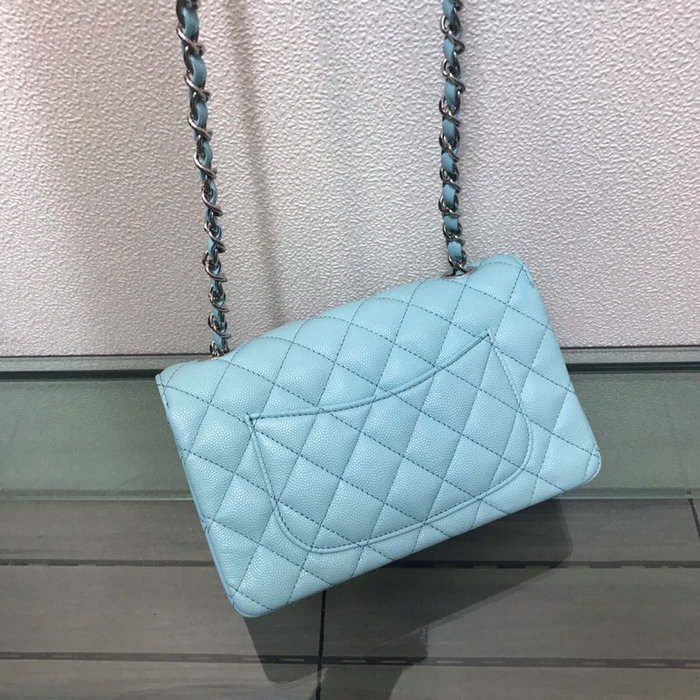 Classic Chanel Grained Calfskin Small Flap Bag Blue with Silver Hardware CF1116