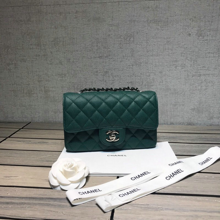 Classic Chanel Grained Calfskin Small Flap Bag Green with Silver Hardware CF1116