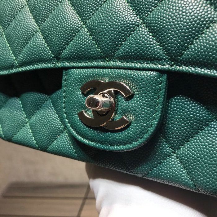 Classic Chanel Grained Calfskin Small Flap Bag Green with Silver Hardware CF1116