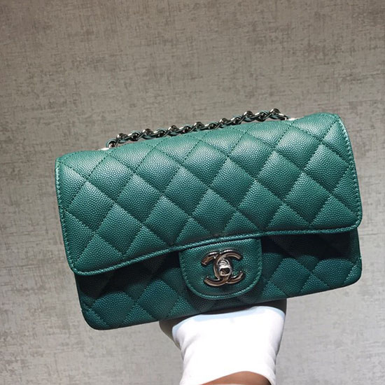 Classic Chanel Grained Calfskin Small Flap Bag Green with Silver Hardware CF1116