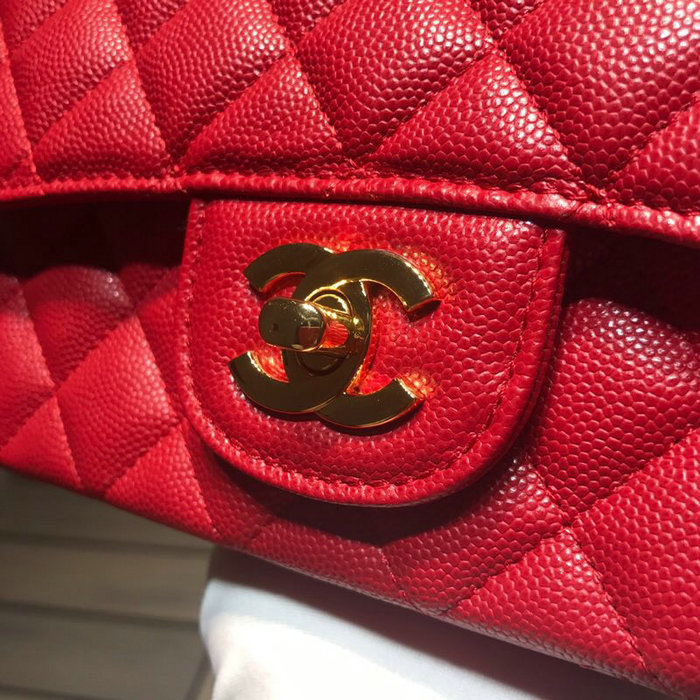 Classic Chanel Grained Calfskin Small Flap Bag Red with Gold Hardware CF1116