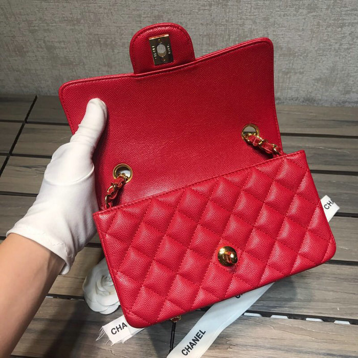 Classic Chanel Grained Calfskin Small Flap Bag Red with Gold Hardware CF1116