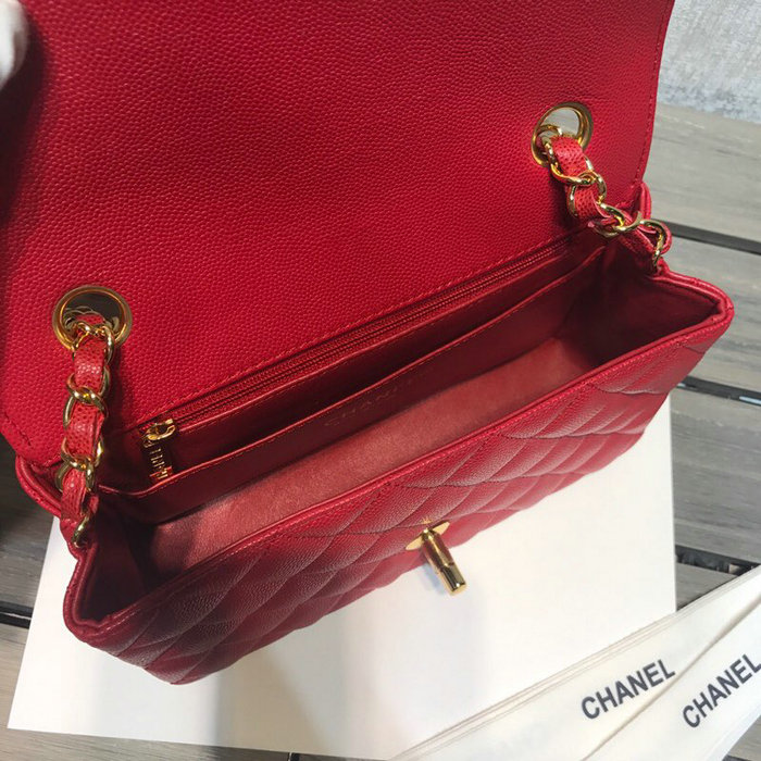 Classic Chanel Grained Calfskin Small Flap Bag Red with Gold Hardware CF1116