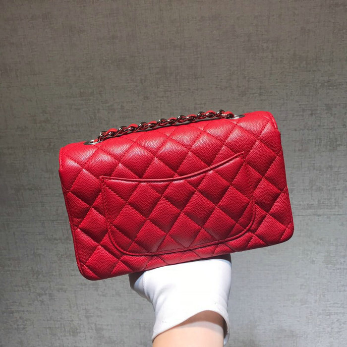 Classic Chanel Grained Calfskin Small Flap Bag Red with Silver Hardware CF1116