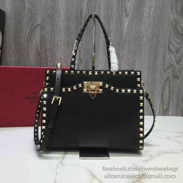 Valentino Smooth Calfskin Small Rockstud Top Handle Bag Black V6500