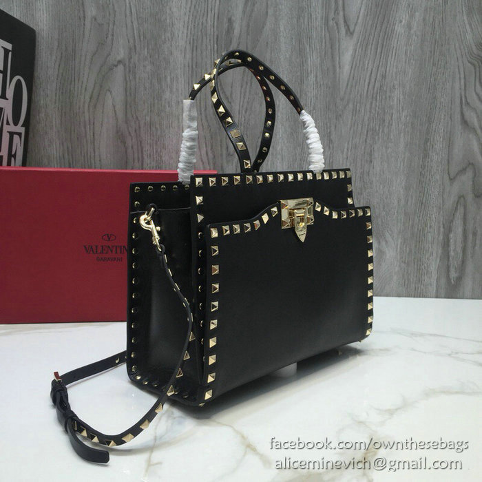 Valentino Smooth Calfskin Small Rockstud Top Handle Bag Black V6500