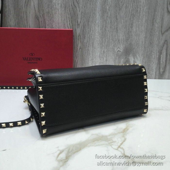 Valentino Smooth Calfskin Small Rockstud Top Handle Bag Black V6500