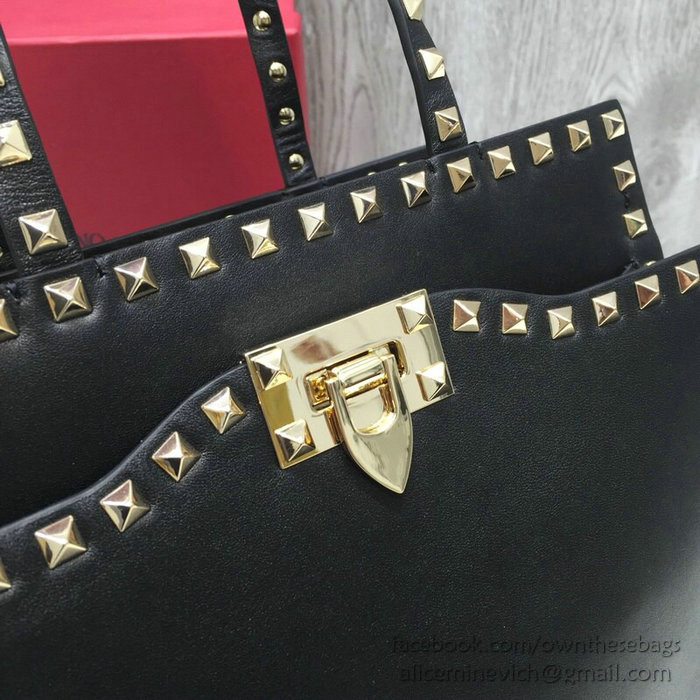 Valentino Smooth Calfskin Small Rockstud Top Handle Bag Black V6500