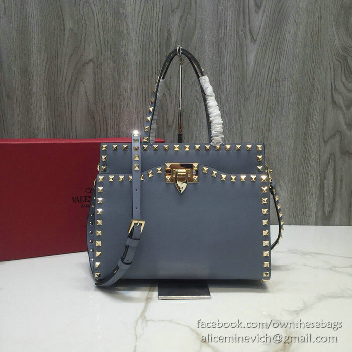 Valentino Smooth Calfskin Small Rockstud Top Handle Bag Blue V6500