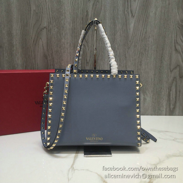 Valentino Smooth Calfskin Small Rockstud Top Handle Bag Blue V6500