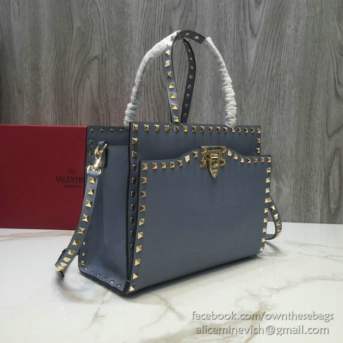 Valentino Smooth Calfskin Small Rockstud Top Handle Bag Blue V6500