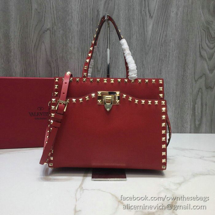 Valentino Smooth Calfskin Small Rockstud Top Handle Bag Red V6500