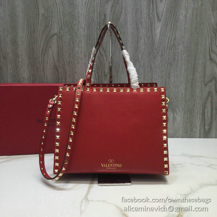 Valentino Smooth Calfskin Small Rockstud Top Handle Bag Red V6500