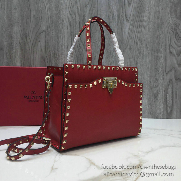 Valentino Smooth Calfskin Small Rockstud Top Handle Bag Red V6500