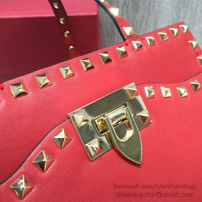 Valentino Smooth Calfskin Small Rockstud Top Handle Bag Red V6500