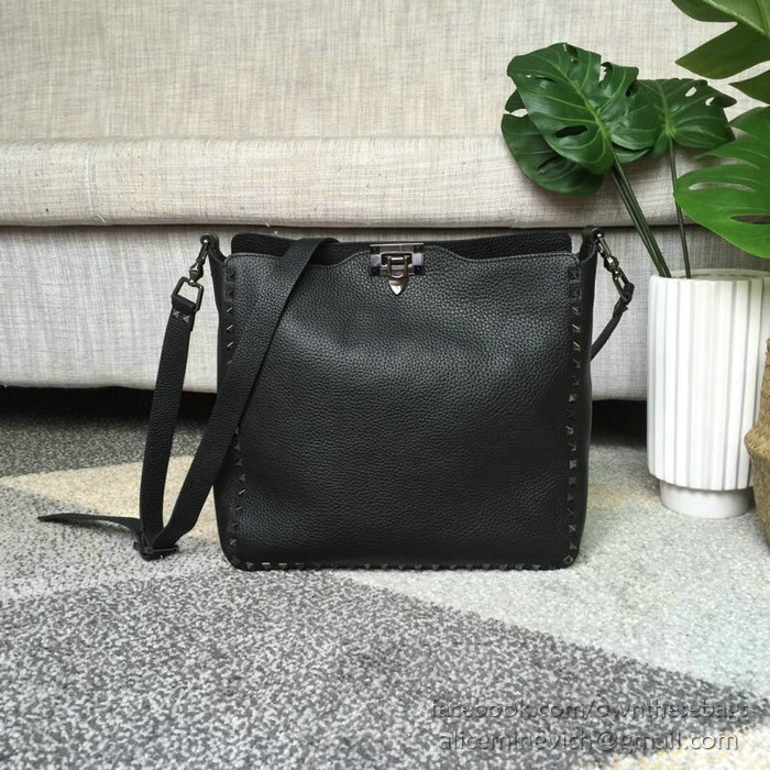 Valentino Soft Calfskin Hobo Bag Black with Black Spikes V50031