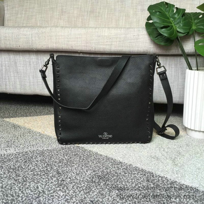 Valentino Soft Calfskin Hobo Bag Black with Black Spikes V50031