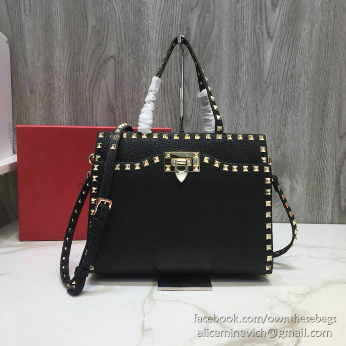 Valentino Textured Calfskin Small Rockstud Top Handle Bag Black V6500