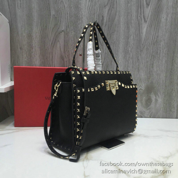 Valentino Textured Calfskin Small Rockstud Top Handle Bag Black V6500