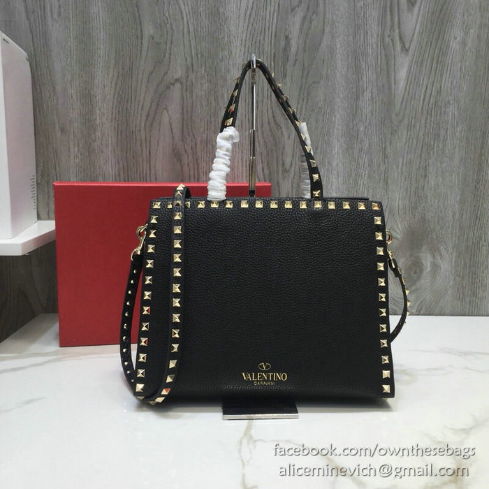 Valentino Textured Calfskin Small Rockstud Top Handle Bag Black V6500