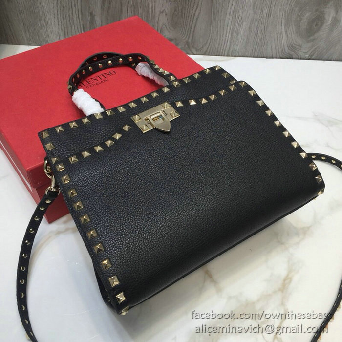 Valentino Textured Calfskin Small Rockstud Top Handle Bag Black V6500