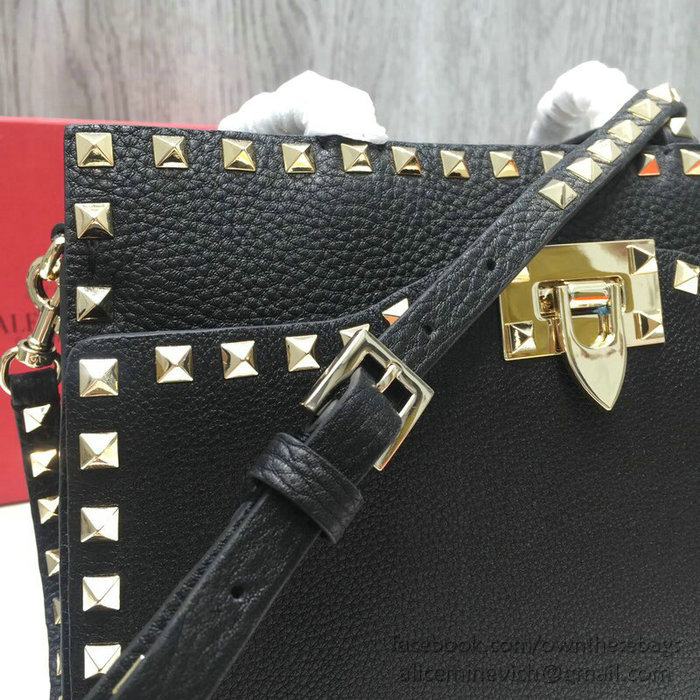 Valentino Textured Calfskin Small Rockstud Top Handle Bag Black V6500